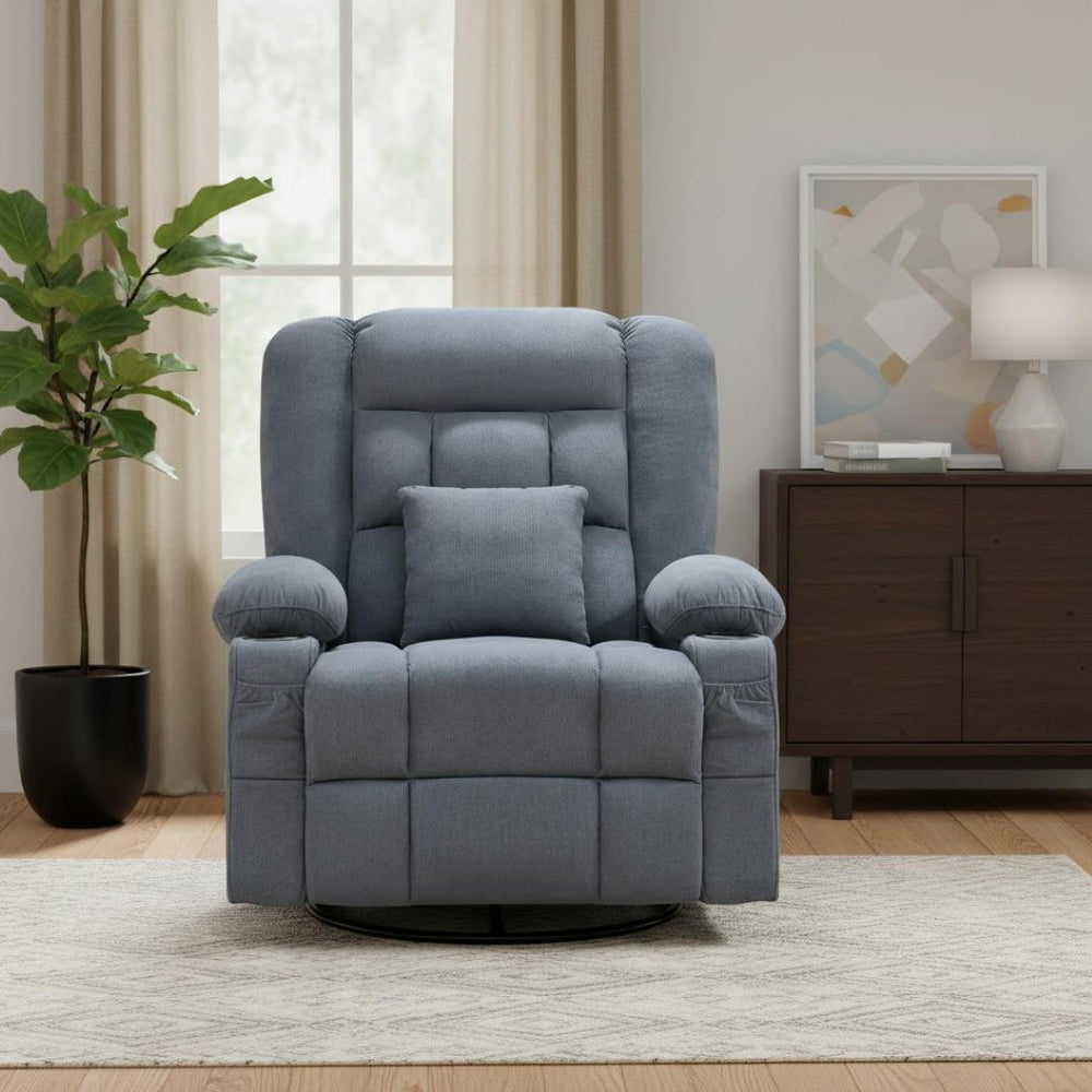 HomeRoots 38" Blue Tufted Cotton Blend Recliner with Heat, Massage, USB, and Swivel for Ultimate Comfort 702540