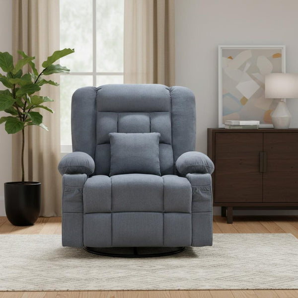 HomeRoots 38" Blue Tufted Cotton Blend Recliner with Heat, Massage, USB, and Swivel for Ultimate Comfort 702540