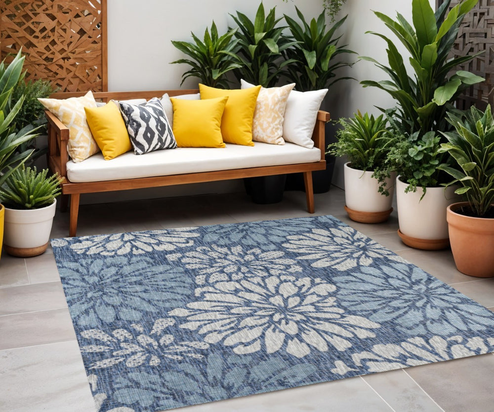 HomeRoots 6' Navy Blue & Aqua Floral Indoor-Outdoor Area Rug - Durable, Stylish, Perfect for Any Space! 702543