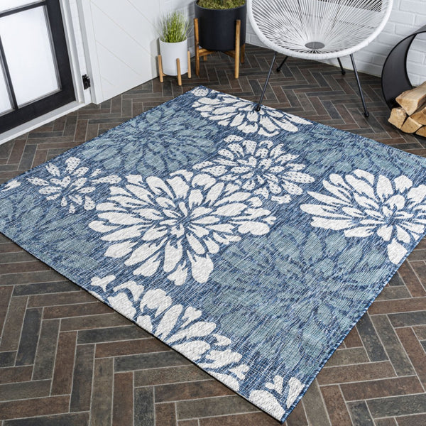 HomeRoots 6' Navy Blue & Aqua Floral Indoor-Outdoor Area Rug - Durable, Stylish, Perfect for Any Space! 702543