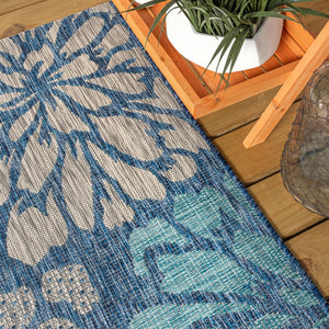 HomeRoots 6' Navy Blue & Aqua Floral Indoor-Outdoor Area Rug - Durable, Stylish, Perfect for Any Space! 702543