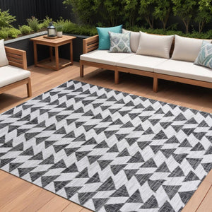 HomeRoots 8' X 10' Stylish Ivory and Black Geometric Rug - Durable Indoor Outdoor Decor for Any Space! 702567