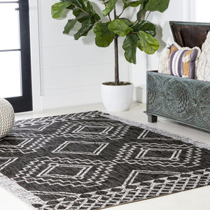 HomeRoots 5' Timeless Black and Ivory Moroccan Indoor/Outdoor Area Rug - Durable, Easy Care, Versatile Design 702574