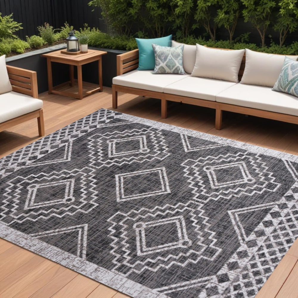 HomeRoots 8' X 10' Black And Ivory Moroccan Indoor Outdoor Area Rug - Durable, Stylish, Easy-Care Design for All Spaces 702575