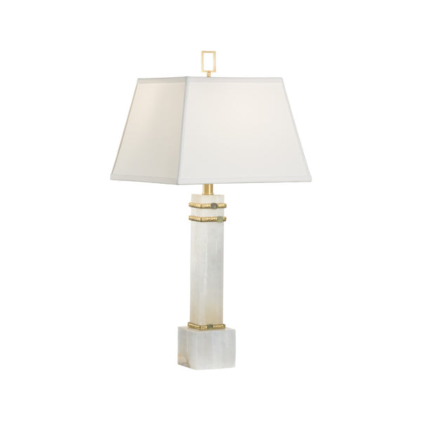 Chelsea House Alabaster Sculptural Column Lamp With Gold Leaf Cuffs, Jade Stone Rings & White Fabric Shade, Luxe Ambient Lighting 70258