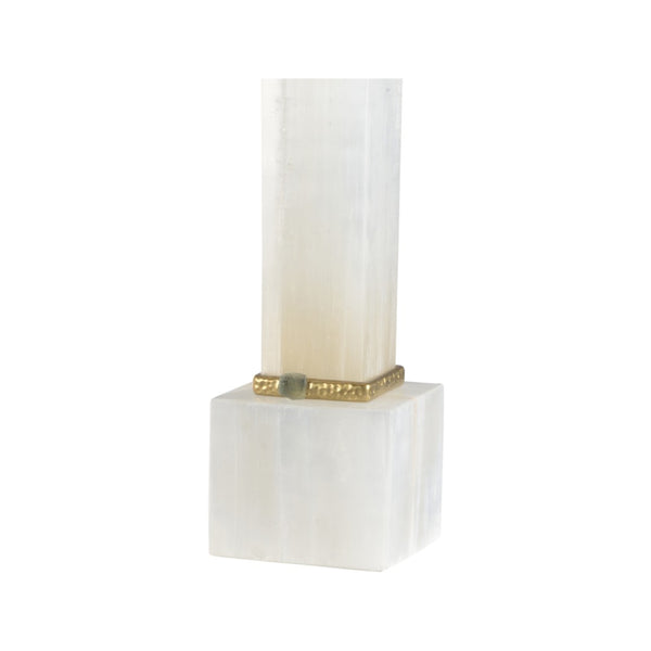 Chelsea House Alabaster Sculptural Column Lamp With Gold Leaf Cuffs, Jade Stone Rings & White Fabric Shade, Luxe Ambient Lighting 70258