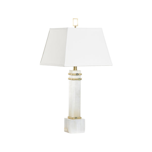 Chelsea House Alabaster Sculptural Column Lamp With Gold Leaf Cuffs, Jade Stone Rings & White Fabric Shade, Luxe Ambient Lighting 70258