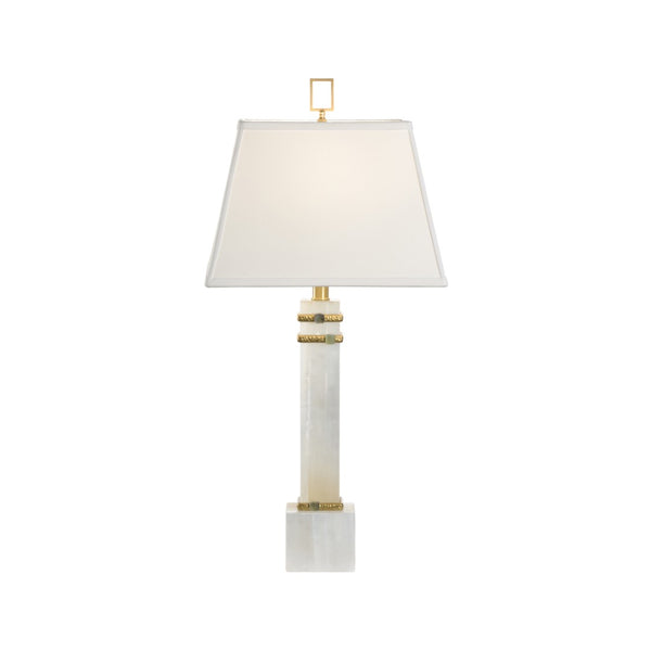 Chelsea House Alabaster Sculptural Column Lamp With Gold Leaf Cuffs, Jade Stone Rings & White Fabric Shade, Luxe Ambient Lighting 70258
