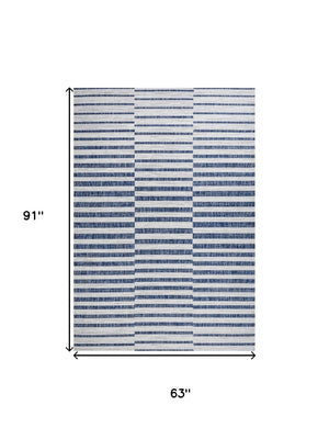 HomeRoots 5' Coastal Ivory and Blue Striped Rug - Durable Indoor/Outdoor Area Rug for Versatile Living Spaces 702600