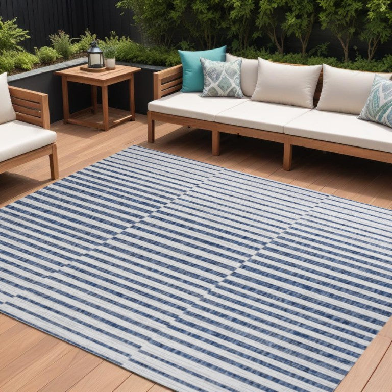 8x10 Striped Polypropylene Area Rug for Patio or Living Room Coastal Decor