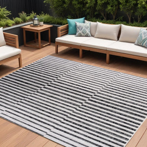 HomeRoots 8' X 10' Ivory and Black Striped Area Rug - Elegant Indoor/Outdoor Durable Design for Any Space 702609
