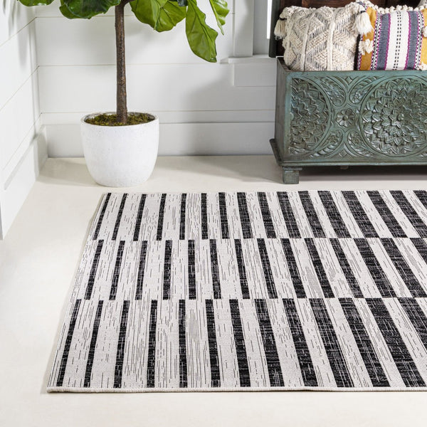 HomeRoots 8' X 10' Ivory and Black Striped Area Rug - Elegant Indoor/Outdoor Durable Design for Any Space 702609
