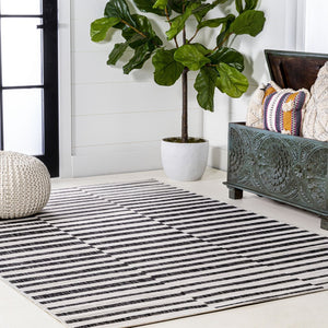 HomeRoots 8' X 10' Ivory and Black Striped Area Rug - Elegant Indoor/Outdoor Durable Design for Any Space 702609