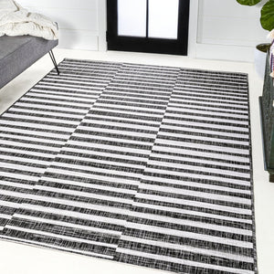 HomeRoots 5' Striped Indoor Outdoor Area Rug – Black & Ivory, Durable, Weather-Resistant, Versatile Design! 702614