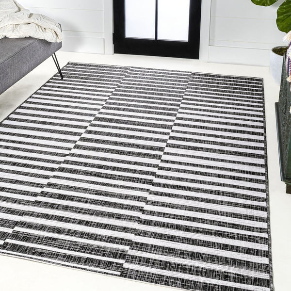 HomeRoots 5' Striped Indoor Outdoor Area Rug – Black & Ivory, Durable, Weather-Resistant, Versatile Design! 702614