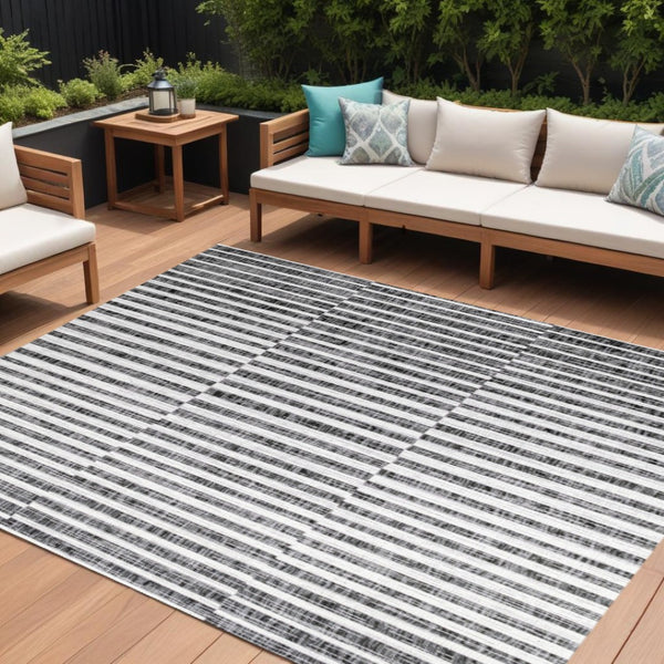 HomeRoots 8' X 10' Black and Ivory Striped Area Rug - Durable Indoor/Outdoor Design for Timeless Elegance 702615