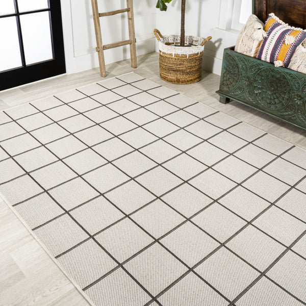 HomeRoots 5' Classic Cream and Dark Gray Plaid Indoor Outdoor Area Rug - Stylish, Durable, Perfect for Any Space 702631
