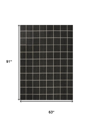 HomeRoots 5' Dark Gray and Cream Plaid Area Rug - Versatile Indoor/Outdoor Design, Easy-Care, Durable, Stylish! 702634