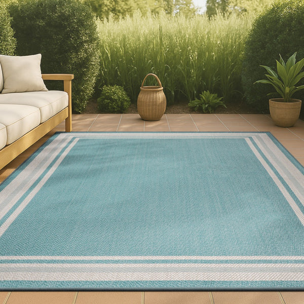 HomeRoots 8' X 10' Aqua and Beige Striped Area Rug – Durable Indoor/Outdoor Design for Stylish Spaces & Easy Care 702641