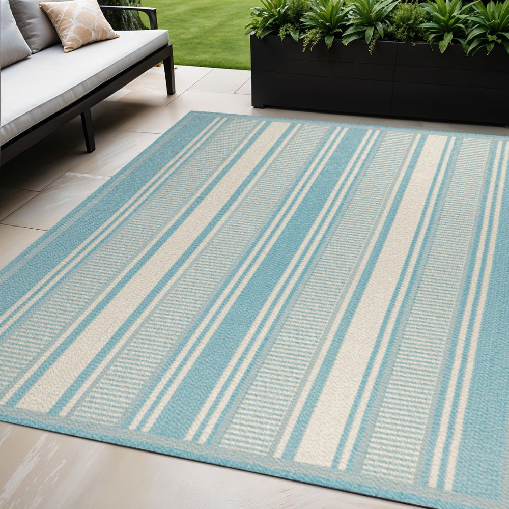 HomeRoots 5' X 8' Aqua and Beige Striped Area Rug - Coastal Style for Indoor Comfort & Outdoor Durability 702646