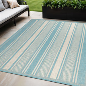 HomeRoots 5' X 8' Aqua and Beige Striped Area Rug - Coastal Style for Indoor Comfort & Outdoor Durability 702646