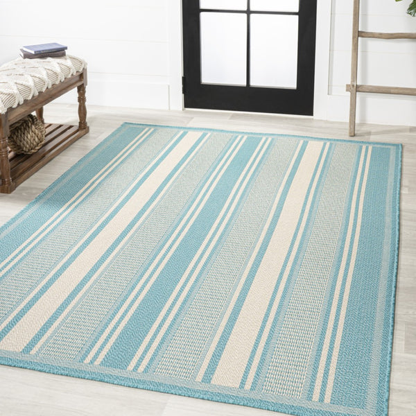 HomeRoots 5' X 8' Aqua and Beige Striped Area Rug - Coastal Style for Indoor Comfort & Outdoor Durability 702646