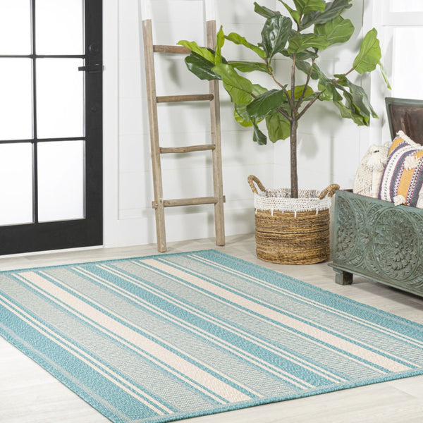 HomeRoots 5' X 8' Aqua and Beige Striped Area Rug - Coastal Style for Indoor Comfort & Outdoor Durability 702646
