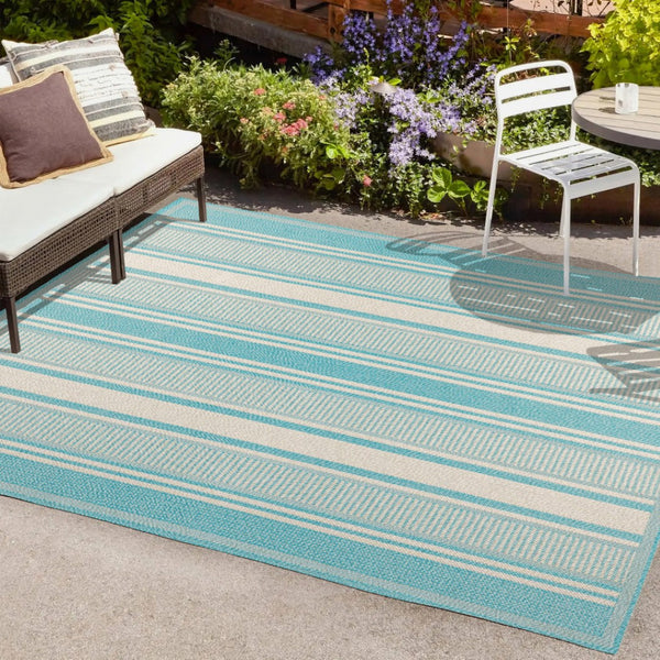 HomeRoots 5' X 8' Aqua and Beige Striped Area Rug - Coastal Style for Indoor Comfort & Outdoor Durability 702646