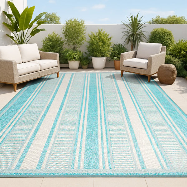 HomeRoots 8' X 10' Aqua and Beige Striped Area Rug - Versatile Indoor/Outdoor Accent for Any Space, Durable & Stylish 702647