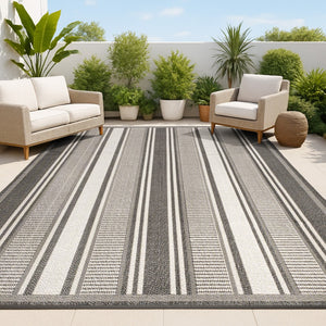 HomeRoots 8' X 10' Black and Cream Striped Area Rug - Durable, Stylish Design for Indoor & Outdoor Use! 702650