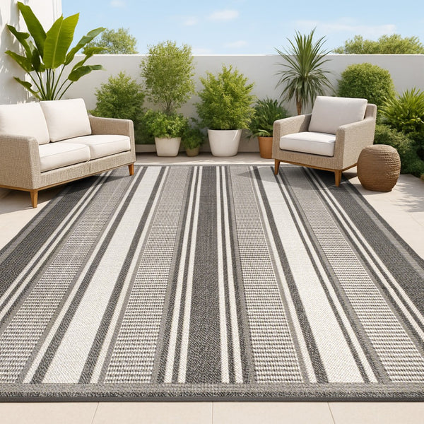 HomeRoots 8' X 10' Black and Cream Striped Area Rug - Durable, Stylish Design for Indoor & Outdoor Use! 702650