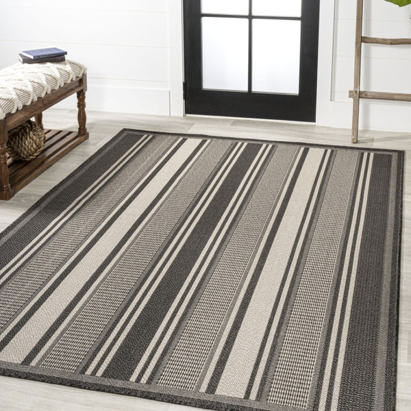 HomeRoots 8' X 10' Black and Cream Striped Area Rug - Durable, Stylish Design for Indoor & Outdoor Use! 702650