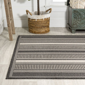 HomeRoots 8' X 10' Black and Cream Striped Area Rug - Durable, Stylish Design for Indoor & Outdoor Use! 702650