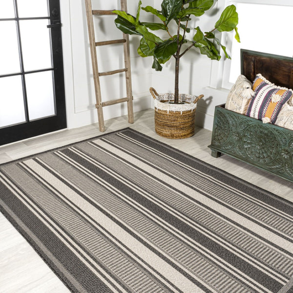 HomeRoots 8' X 10' Black and Cream Striped Area Rug - Durable, Stylish Design for Indoor & Outdoor Use! 702650
