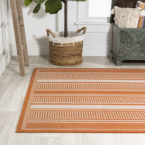 HomeRoots 8' X 10' Striped Orange and Cream Indoor Outdoor Rug - Durable, Stylish, and Versatile Floor Covering 702653