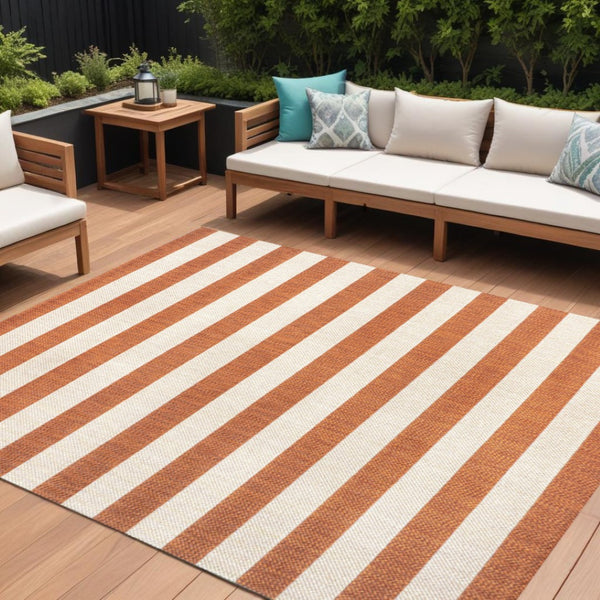 HomeRoots 8' X 10' Orange and Beige Striped Area Rug - Durable, Versatile Indoor/Outdoor Design for All Spaces 702656