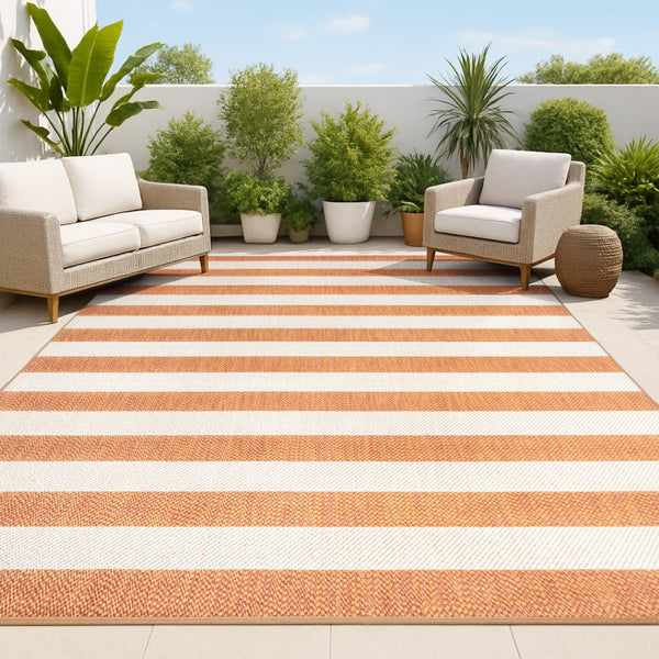 HomeRoots 8' X 10' Orange and Beige Striped Area Rug - Durable, Versatile Indoor/Outdoor Design for All Spaces 702656