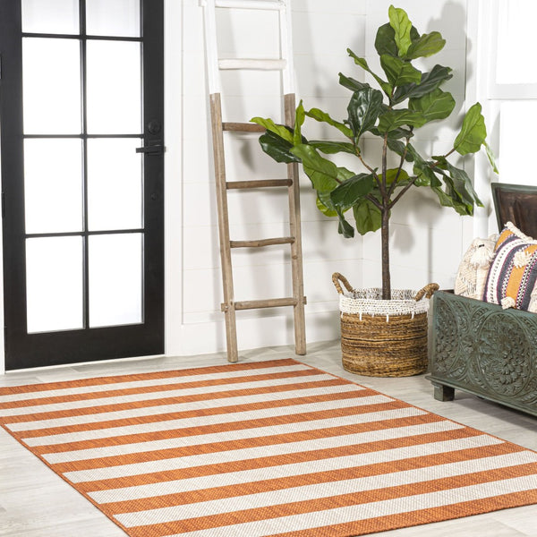 HomeRoots 8' X 10' Orange and Beige Striped Area Rug - Durable, Versatile Indoor/Outdoor Design for All Spaces 702656