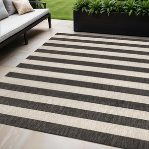 HomeRoots 5' Black and Beige Striped Area Rug - Stylish Indoor Outdoor Accent for Living Spaces & Patios 702658
