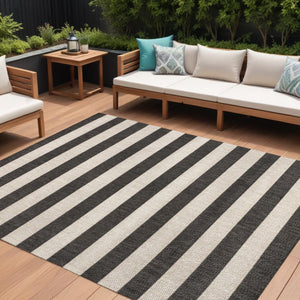 HomeRoots 8' X 10' Durable Black and Beige Striped Area Rug for Indoor/Outdoor Use – Stylish & Easy to Maintain 702659