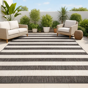 HomeRoots 8' X 10' Durable Black and Beige Striped Area Rug for Indoor/Outdoor Use – Stylish & Easy to Maintain 702659