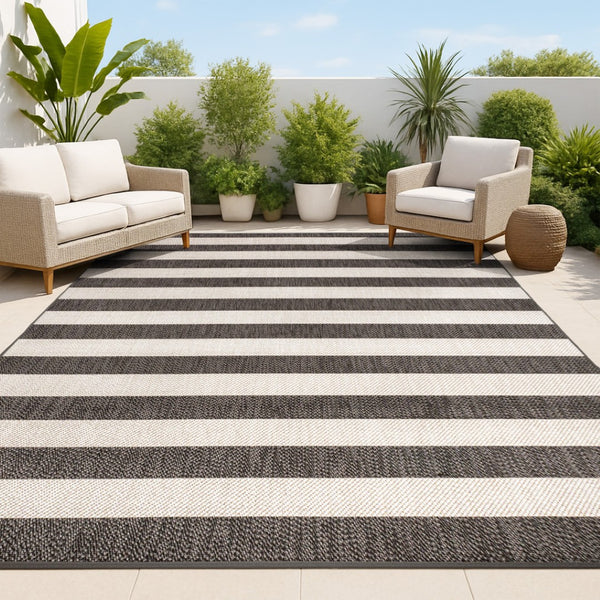 HomeRoots 8' X 10' Durable Black and Beige Striped Area Rug for Indoor/Outdoor Use – Stylish & Easy to Maintain 702659