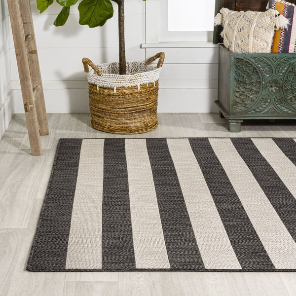 HomeRoots 8' X 10' Durable Black and Beige Striped Area Rug for Indoor/Outdoor Use – Stylish & Easy to Maintain 702659