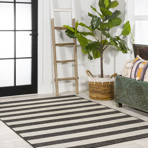 HomeRoots 8' X 10' Durable Black and Beige Striped Area Rug for Indoor/Outdoor Use – Stylish & Easy to Maintain 702659