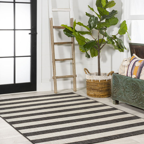 HomeRoots 8' X 10' Durable Black and Beige Striped Area Rug for Indoor/Outdoor Use – Stylish & Easy to Maintain 702659
