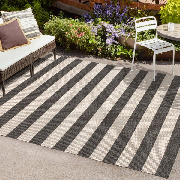 HomeRoots 8' X 10' Durable Black and Beige Striped Area Rug for Indoor/Outdoor Use – Stylish & Easy to Maintain 702659
