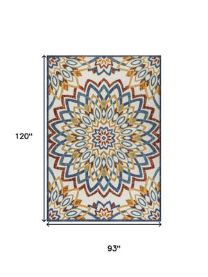HomeRoots 8' X 10' Vibrant Medallion Area Rug – Durable Indoor/Outdoor Design in Bold Red, Blue, and Yellow! 702671