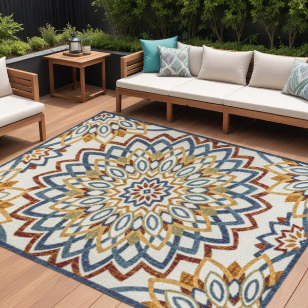 HomeRoots 8' X 10' Vibrant Medallion Area Rug – Durable Indoor/Outdoor Design in Bold Red, Blue, and Yellow! 702671