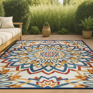 HomeRoots 8' X 10' Vibrant Medallion Area Rug – Durable Indoor/Outdoor Design in Bold Red, Blue, and Yellow! 702671