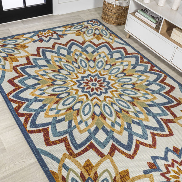 HomeRoots 8' X 10' Vibrant Medallion Area Rug – Durable Indoor/Outdoor Design in Bold Red, Blue, and Yellow! 702671